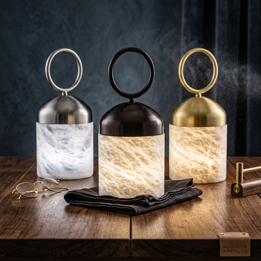 Lampe artisanale en albâtre naturel avec lumière tamisée